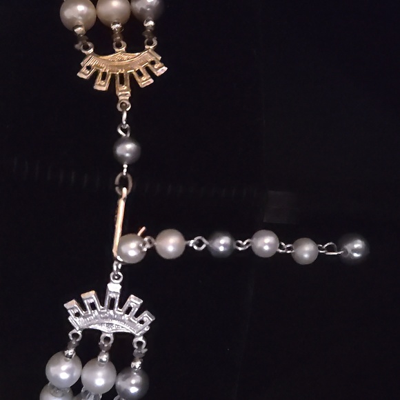 Made In Japan. Stunning Vintage Faux Pearl And Crystal 3-strand Necklace. - Picture 6 of 12